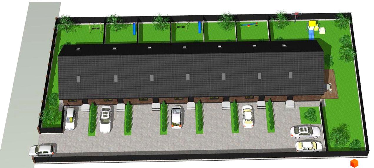 Котеджне містечко КМ Одноповерховий Київ - Гатне: двоповерхові будинки з темним дахом, парковкою та зеленими подвір'ями з дитячими майданчиками.