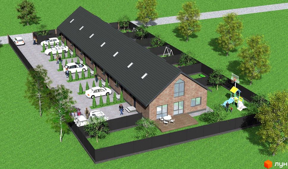 Котеджне містечко КМ Одноповерховий Київ - Гатне. Зовнішній вигляд цегляних будинків з темним дахом та прибудинковою територією з парковкою, дитячим майданчиком та зонами відпочинку.