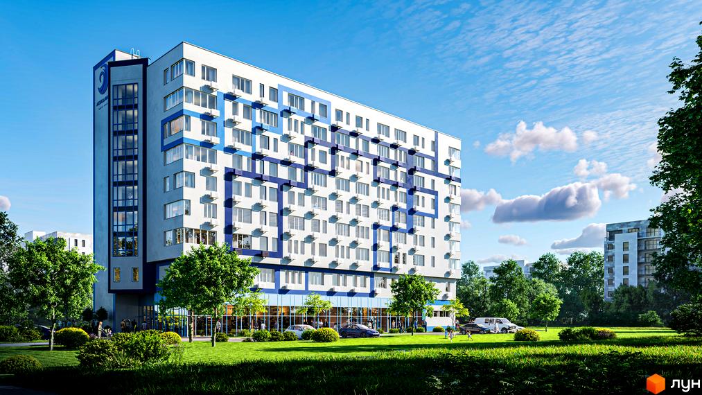 Апарт-готель Лебединий Guest House – це багатоповерховий будинок з біло-синім фасадом та кондиціонерами, розташований на зеленій території з деревами та газоном.