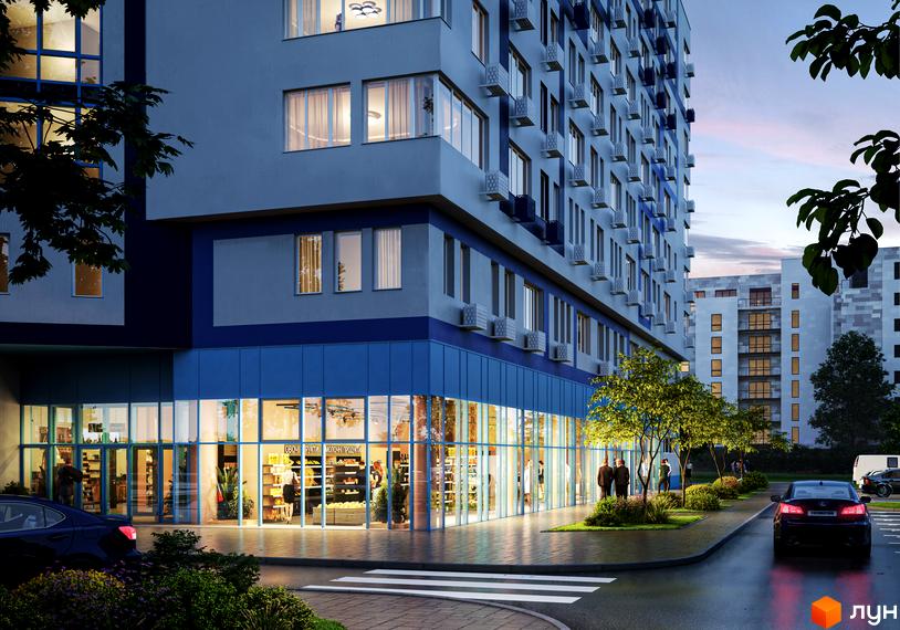 Апарт-готель Лебединий Guest House, фасад будівлі з вікнами та кондиціонерами, прибудинкова територія з деревами та дорогою.