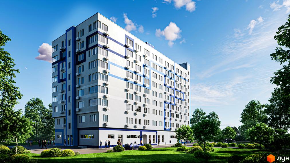 Апарт-готель Лебединий Guest House – це багатоповерхова новобудова з біло-сірим фасадом та синіми декоративними елементами. Навколо будинку розташований зелений двір з деревами та кущами.