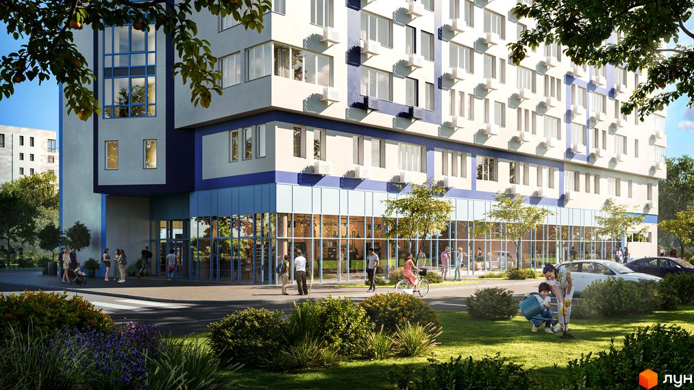 Зовнішній вигляд апарт-готелю Лебединий Guest House з фасадом у синьо-білих тонах та скляним першим поверхом. На прибудинковій території зелений газон та дерева.