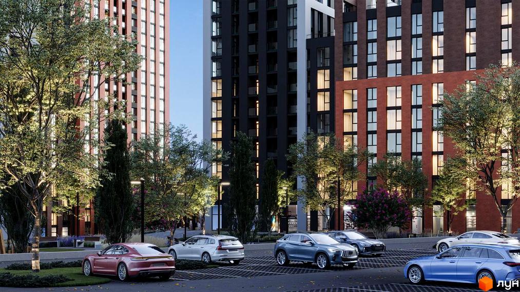 Зображення фасаду будинку Житлового комплексу Skywalker та прибудинкової території з парковкою.