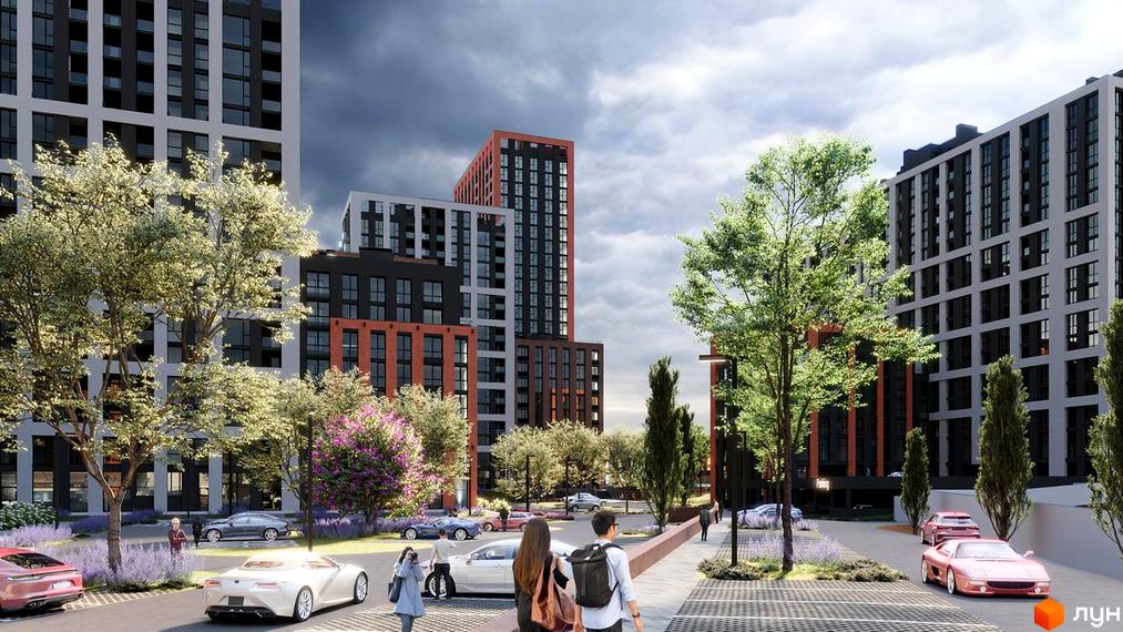 Зображення житлового комплексу Skywalker з багатоповерховими будинками та облаштованою прибудинковою територією з деревами та автомобілями.