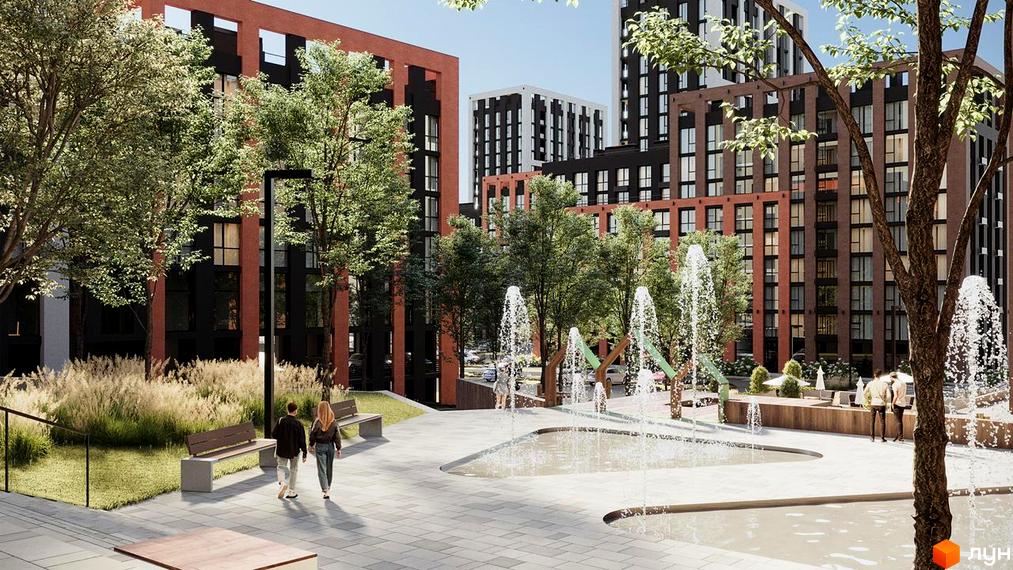 Зображення фасаду та прибудинкової території Житлового комплексу Skywalker з фонтаном та місцями для відпочинку.
