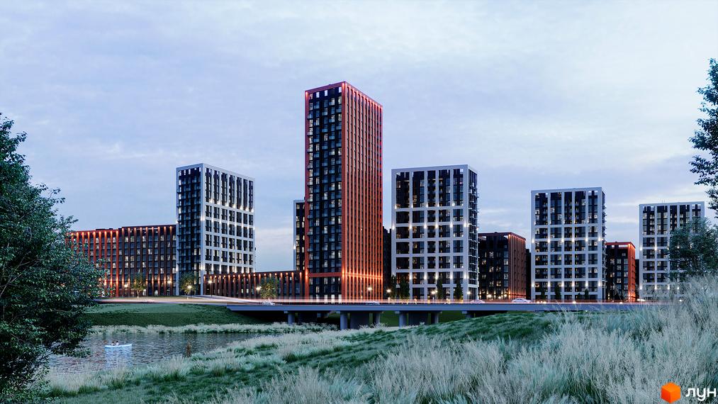 Зображення комплексу Skywalker з висотними будинками та озелененою прибудинковою територією. Вигляд на житловий район з річки.