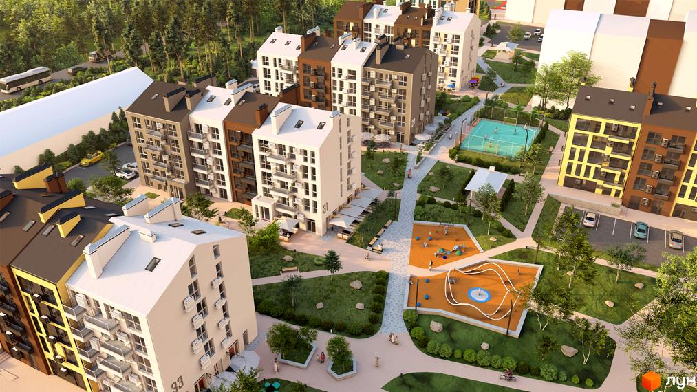 Житловий комплекс Білий Шоколад.Center - сучасний житловий комплекс з різнокольоровими фасадами та доглянутою прибудинковою територією з дитячими майданчиками та спортивними зонами.