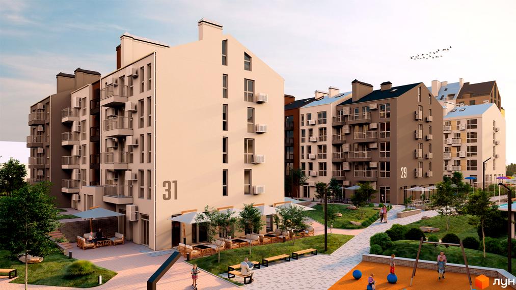 Житловий комплекс Білий Шоколад.Center: фасади будинків з балконами та кондиціонерами, зелена прибудинкова територія з дитячим майданчиком та зонами відпочинку.