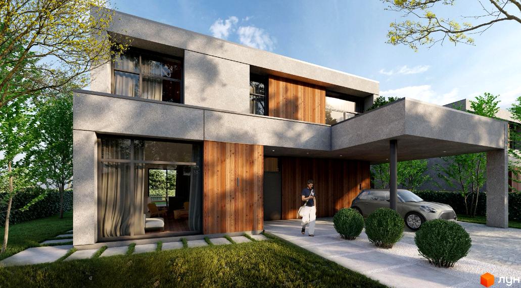 Котеджне містечко КМ ForRest Residences Zubra - двоповерховий будинок з дерев'яними та бетонними елементами, навісом для авто та доглянутою прибудинковою територією з кущами та газоном.
