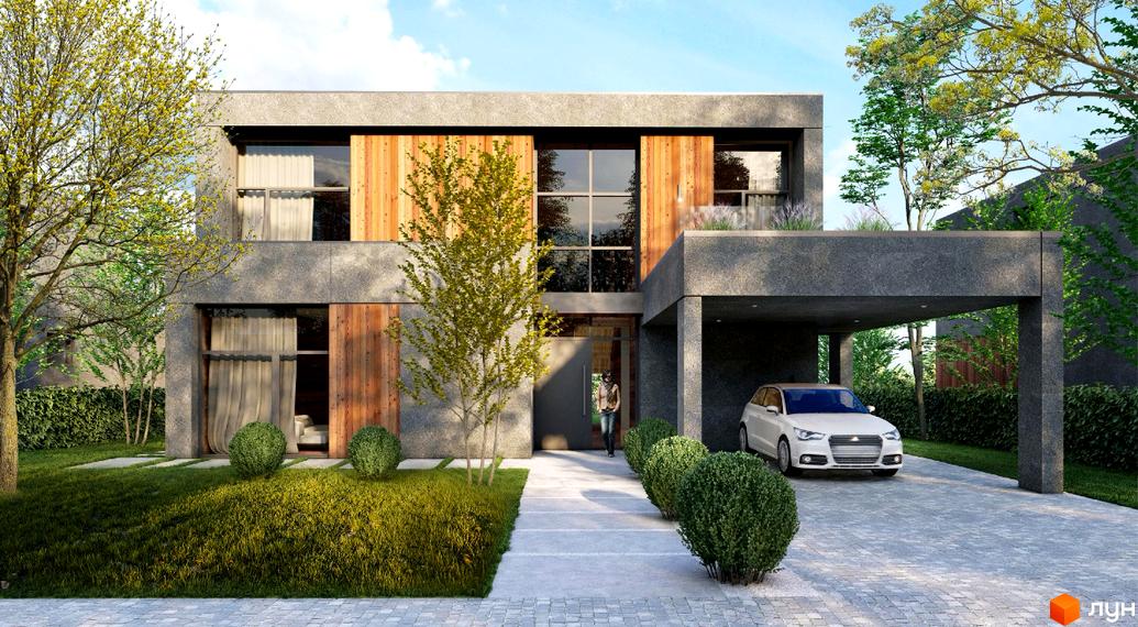 Котеджне містечко КМ ForRest Residences Zubra. Сучасний будинок з великими вікнами та дерев'яними елементами фасаду, прибудинкова територія з доглянутим газоном та кущами.