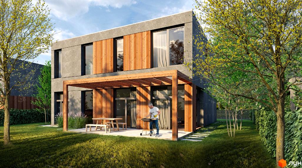 Котеджне містечко КМ ForRest Residences Zubra. Будинок з бетонними та дерев'яними елементами фасаду, терасою та зоною барбекю на прибудинковій території.