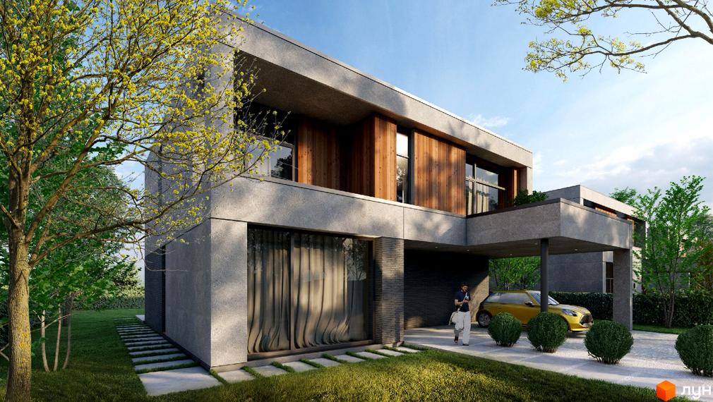 Котеджне містечко КМ ForRest Residences Zubra. Будинок з сірим фасадом, дерев'яними елементами та навісом для авто. Навколо будинку зелена галявина, доріжка з плиток та кущі.