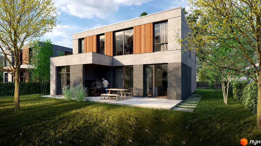 Котеджне містечко КМ ForRest Residences Zubra. Сучасний двоповерховий будинок з великими вікнами та дерев'яними елементами фасаду, розташований на доглянутому газоні з деревами.