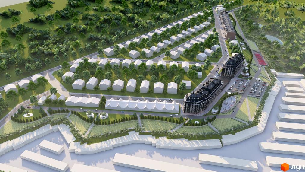 Житловий комплекс Престижний дім з білими будинками та темними багатоповерховими будівлями, оточений деревами, з парковкою та спортивними майданчиками.