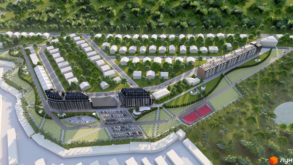 Житловий комплекс Престижний дім з багатоповерховими будинками та котеджами, спортивними майданчиками та зеленою зоною.