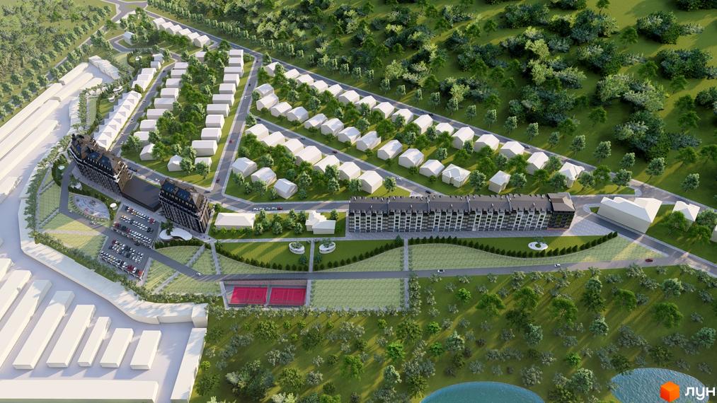 Житловий комплекс Престижний дім з багатоповерховими будинками та котеджами, спортивними майданчиками та парковкою.