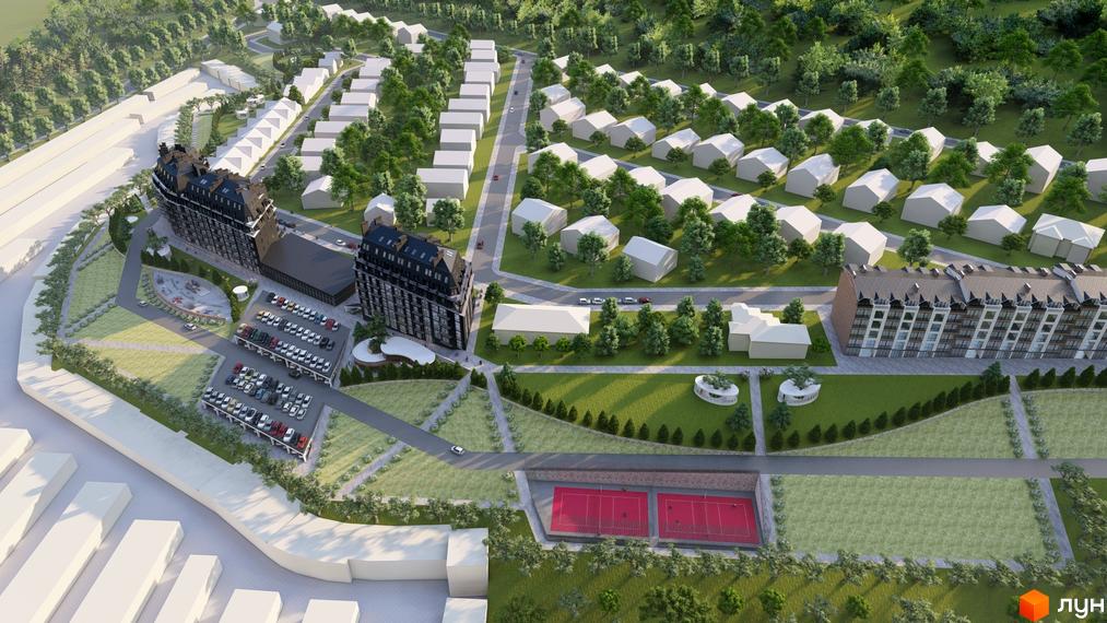 Житловий комплекс Престижний дім з багатоповерховими будинками та прибудинковою територією з паркінгом, зеленими зонами та спортивними майданчиками.