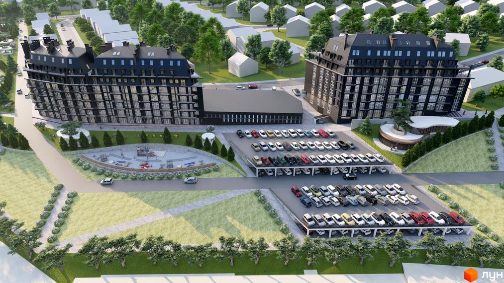 Житловий комплекс Престижний дім з темними фасадами та багатоповерховими будинками, поруч розташований дитячий майданчик та паркінг з автомобілями.