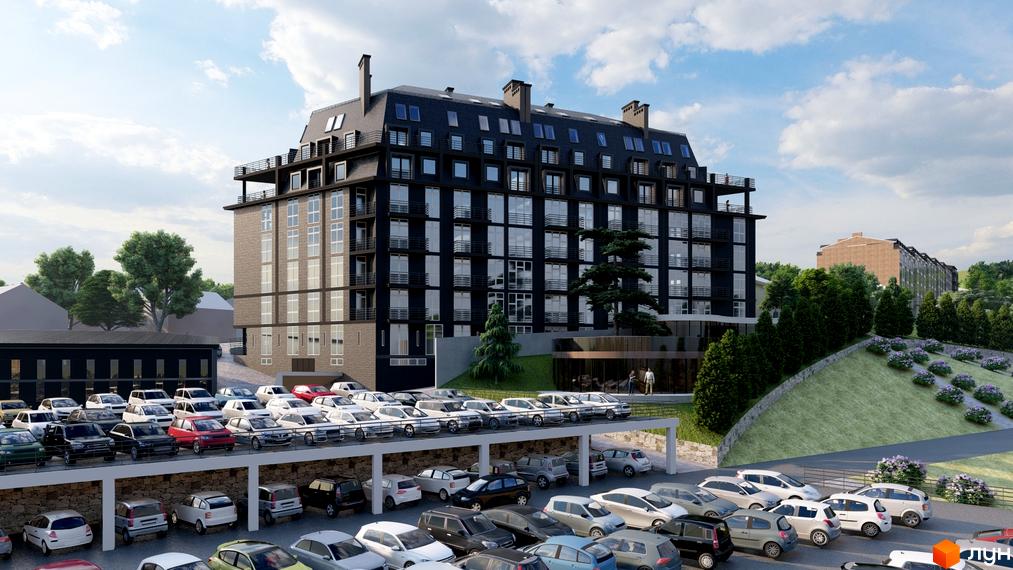 Новобудова Престижний дім з паркінгом та зеленою зоною. Зовнішній вигляд будівлі та прибудинкової території.