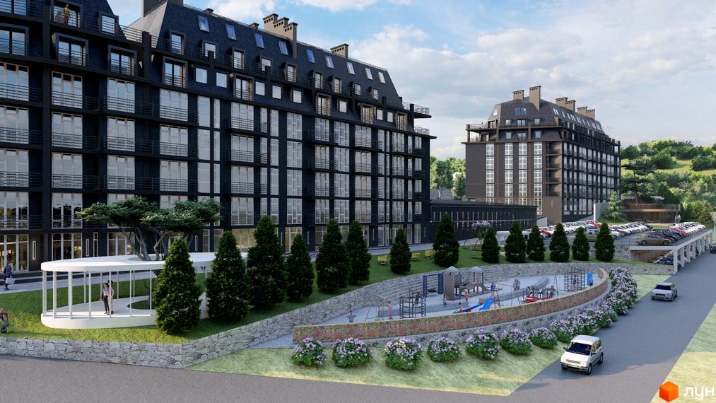 Житловий комплекс Престижний дім з темним фасадом, балконами та дитячим майданчиком на прибудинковій території. Парковка для автомобілів.