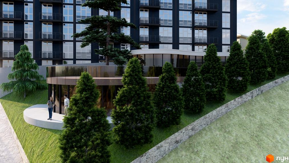 Зовнішній вигляд новобудови ЖК Престижний дім з елементами сучасного дизайну та озелененою прибудинковою територією.