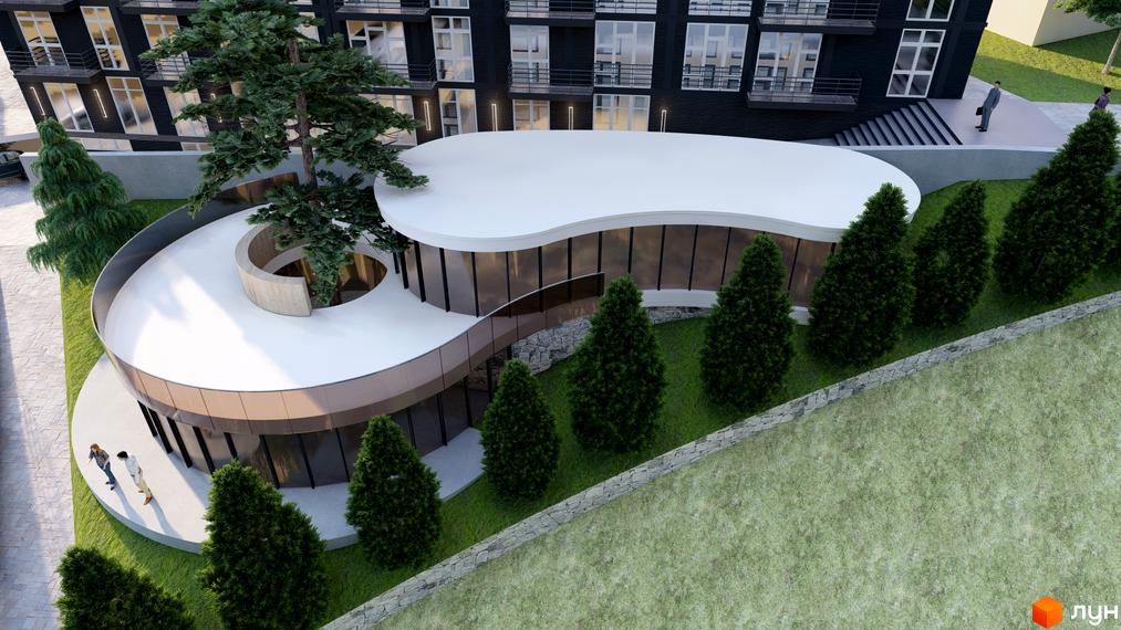 Житловий комплекс Престижний дім з оригінальною архітектурою та озелененою прибудинковою територією. Будинок має вигнуті форми та великі вікна, оточений деревами та газоном.