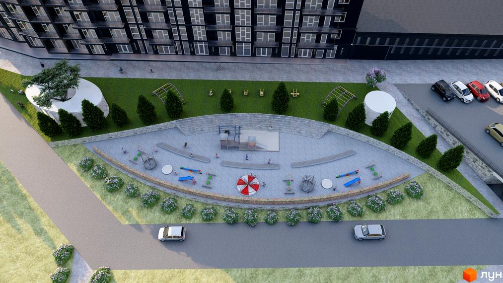 Багатоквартирний будинок темного кольору з балконами та великими вікнами. Прибудинкова територія Житлового комплексу Престижний дім має дитячий майданчик та зелені насадження.