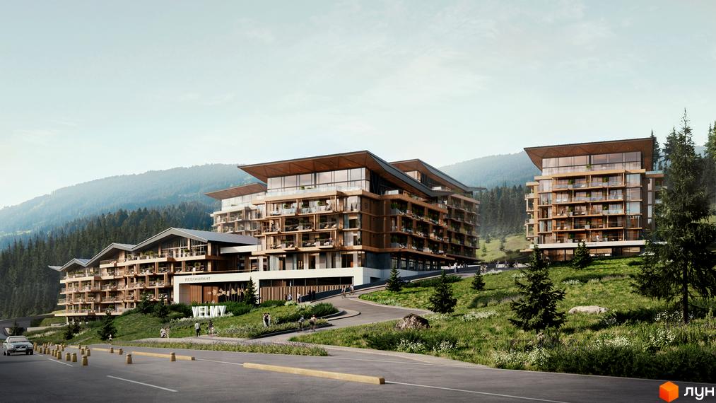 Апарт-готель VELMY – це комплекс з кількох корпусів з дерев'яними фасадами та великими скляними вікнами, розташований на схилі гори серед лісу.