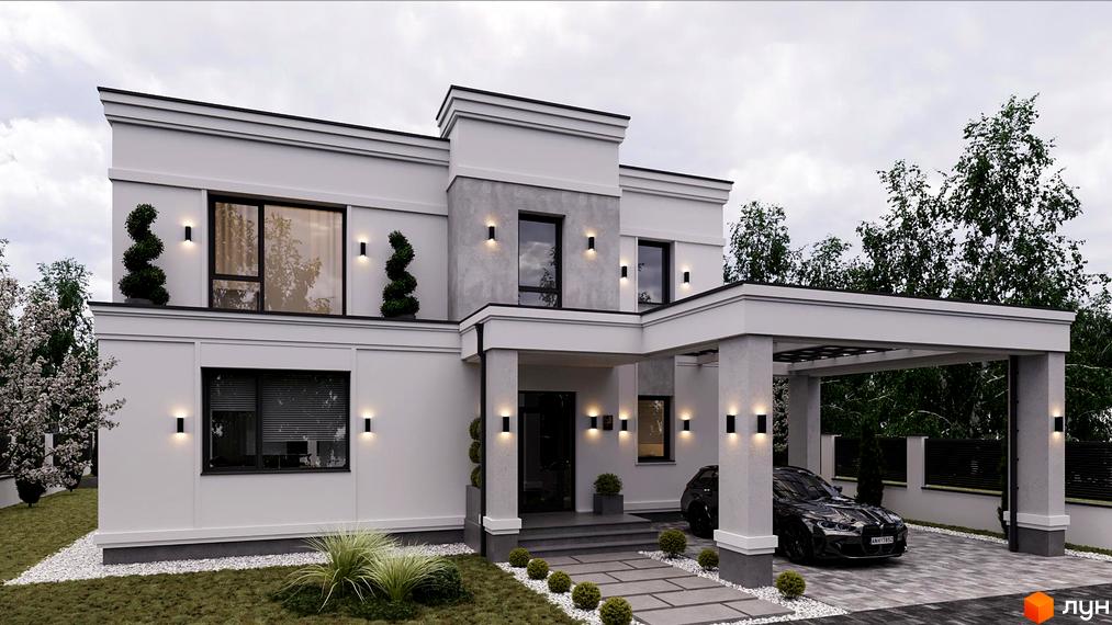 Котеджне містечко КМ ForRest Residences Vynnyky: двоповерховий будинок з великими вікнами, навісом для авто та доглянутою прибудинковою територією.