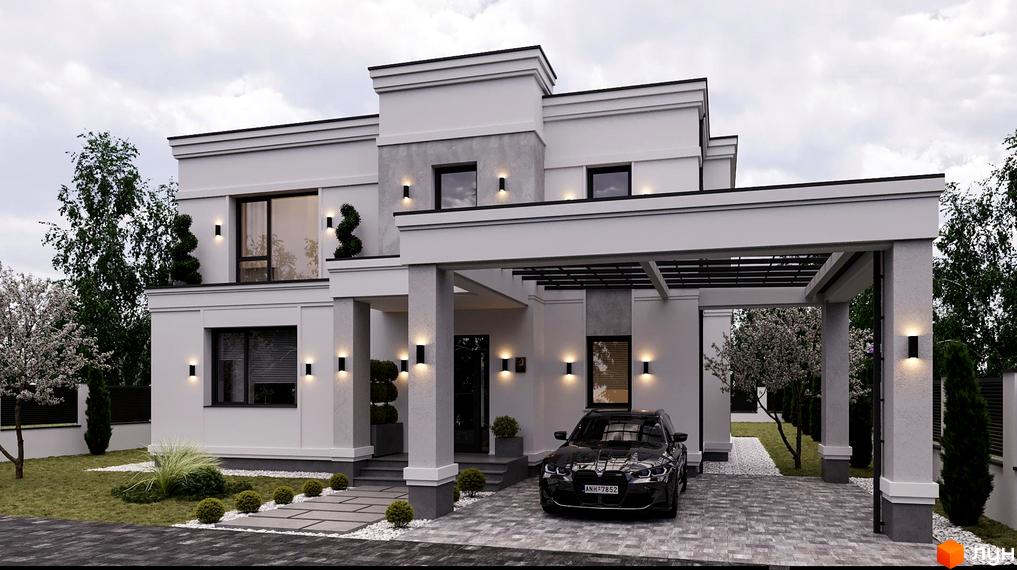 Котеджне містечко КМ ForRest Residences Vynnyky. Сучасний двоповерховий будинок з навісом для авто та доглянутою прибудинковою територією.