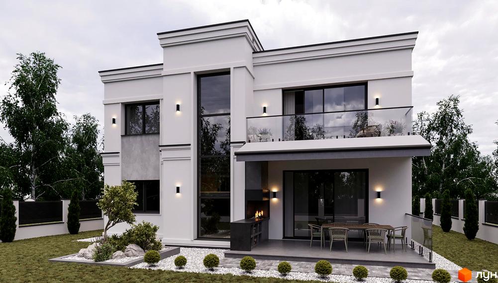 Котеджне містечко КМ ForRest Residences Vynnyky: двоповерховий білий будинок з великими вікнами та балконом, облаштована тераса з зоною барбекю, зелена галявина та декоративні рослини.