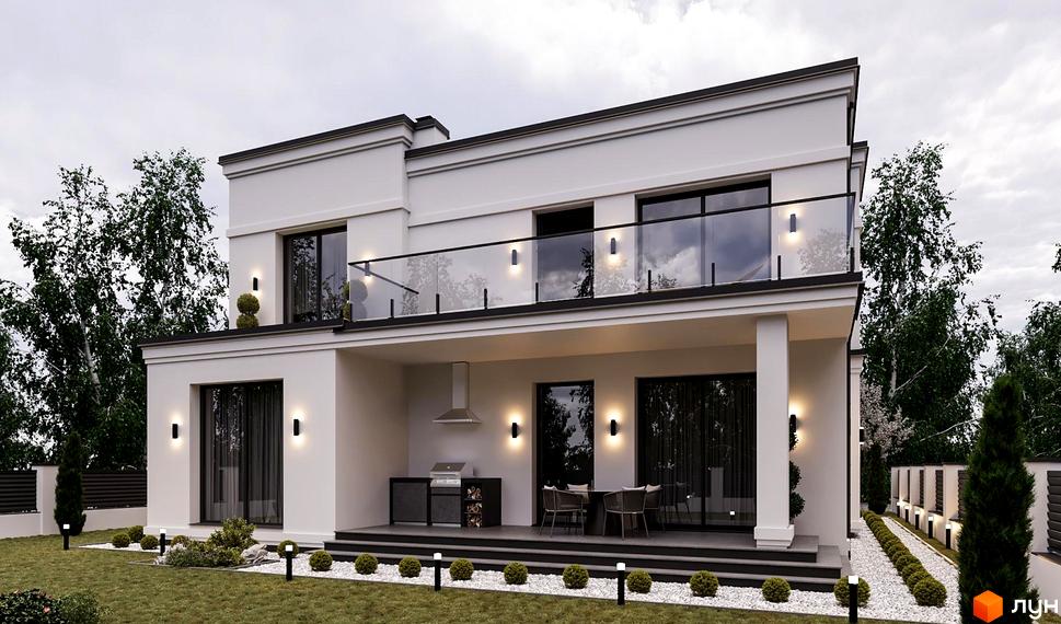 Котеджне містечко ForRest Residences Vynnyky: двоповерховий білий будинок з балконом та зоною барбекю. Навколо будинку доглянутий газон та декоративні кущі.