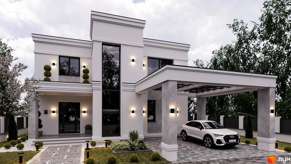 Котеджне містечко КМ ForRest Residences Vynnyky. Сучасний двоповерховий будинок з навісом для авто та доглянутою прибудинковою територією.