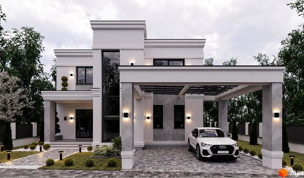 Котеджне містечко ForRest Residences Vynnyky: двоповерховий будинок з навісом для авто та доглянутою прибудинковою територією з освітленням.