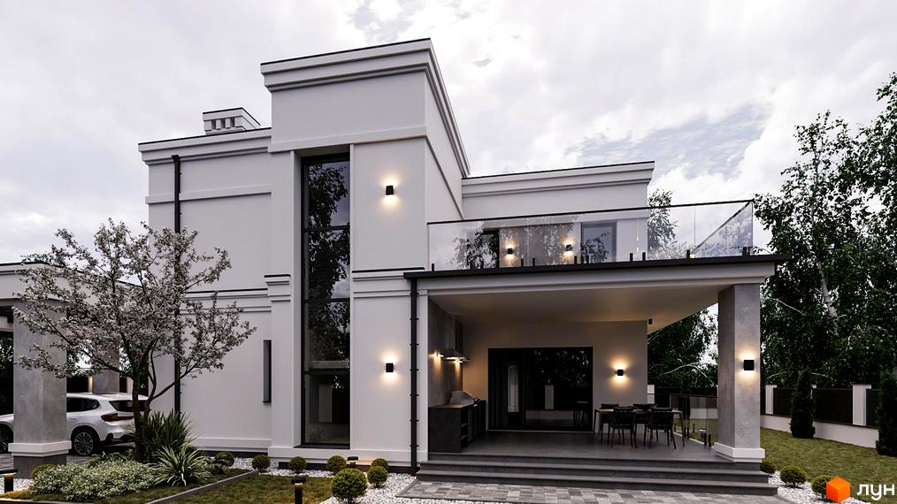 Котеджне містечко КМ ForRest Residences Vynnyky: двоповерховий будинок з великими вікнами, терасою та скляною огорожею. Навколо будинку доглянутий сад з деревами та кущами, а також паркування.