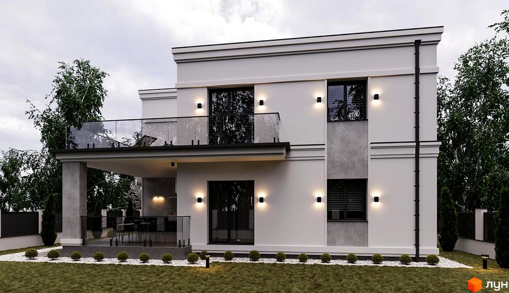 Котеджне містечко КМ ForRest Residences Vynnyky. Зовнішній вигляд будинку з балконом та вікнами, прибудинкова територія з газоном та деревами.