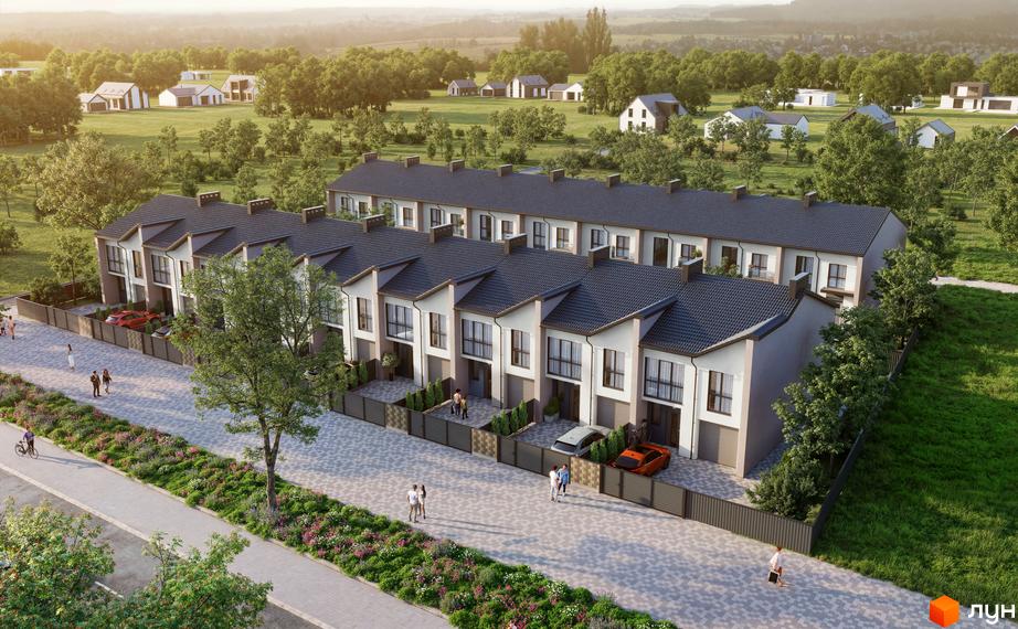 Таунхауси COMFORT TOWN з сірими дахами та білими фасадами, розташовані вздовж бруківки з квітами та деревами. На задньому плані видно зелені пагорби та інші будинки.