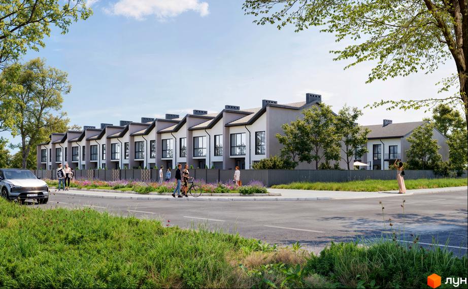 Таунхауси COMFORT TOWN з сірими фасадами та двосхилими дахами, розташовані вздовж дороги з квітучими клумбами та деревами.