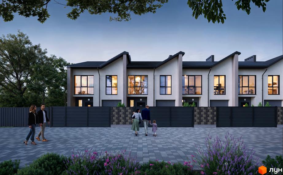 Таунхауси COMFORT TOWN з великими вікнами та сучасним дизайном. Прибудинкова територія вимощена плиткою, з огорожею та квітами.