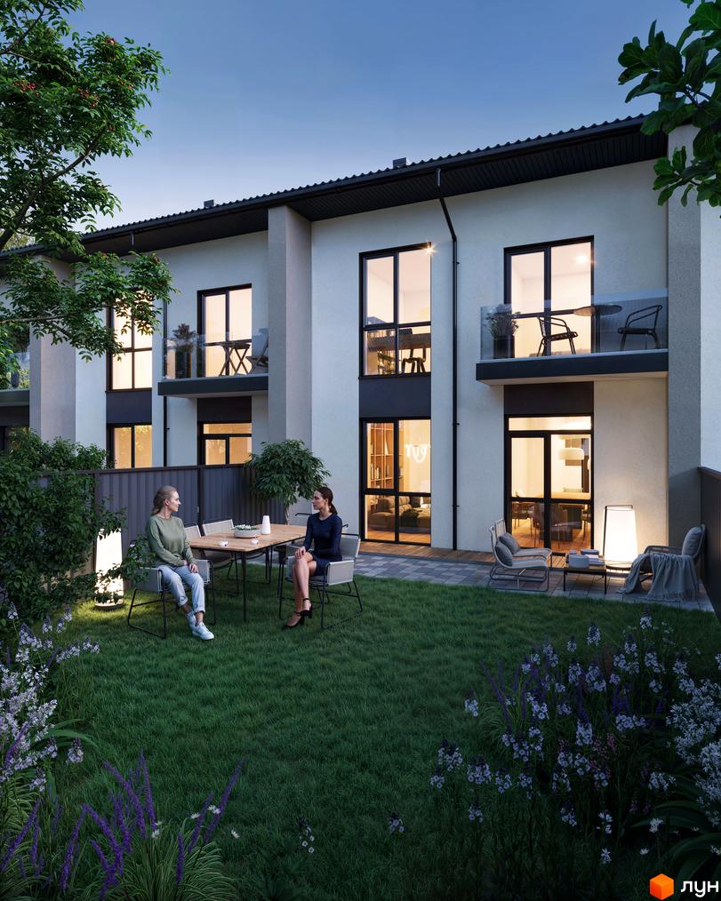 Таунхауси COMFORT TOWN: двоповерхові будинки з балконами та терасами, зелений двір з місцями для відпочинку.