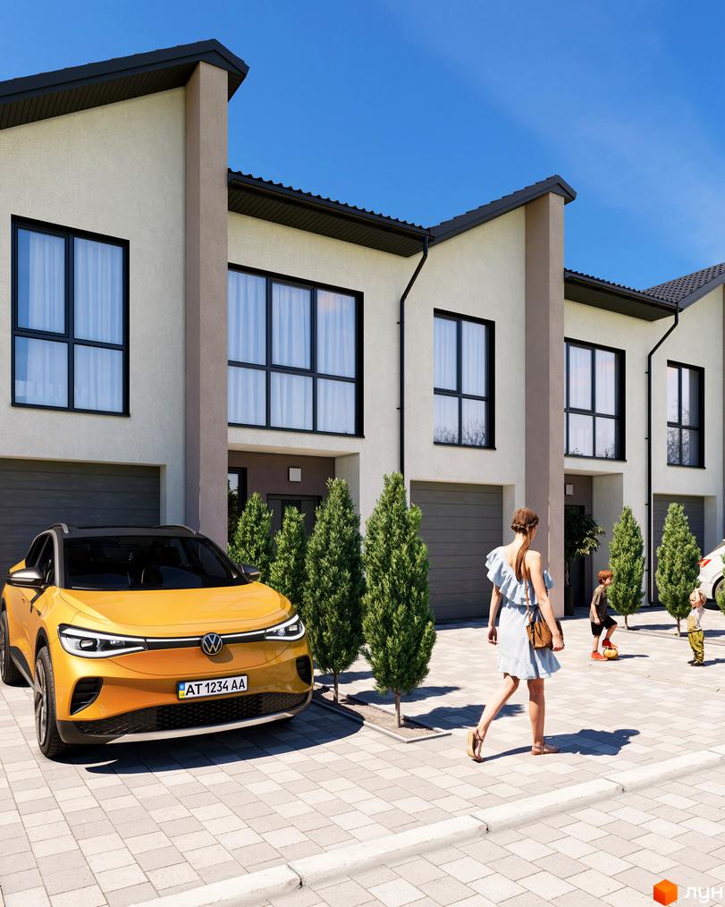 Зовнішній вигляд таунхаусів COMFORT TOWN з жовтим електромобілем та дітьми на подвір'ї. Сучасна архітектура та доглянута територія.