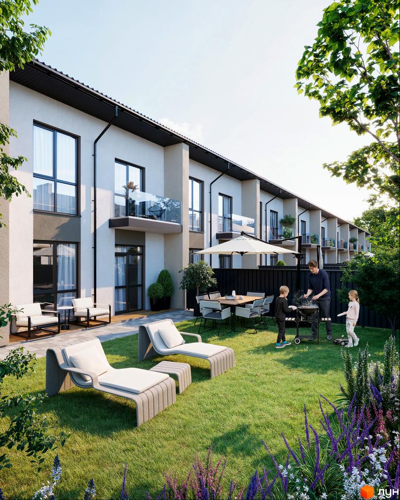 Таунхауси COMFORT TOWN з сучасним фасадом та балконами, зелена прибудинкова територія з зоною барбекю та місцями для відпочинку.