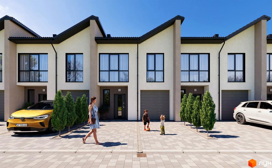 Таунхауси COMFORT TOWN з гаражами та паркомісцями. На прибудинковій території граються діти, а поруч припарковані автомобілі.