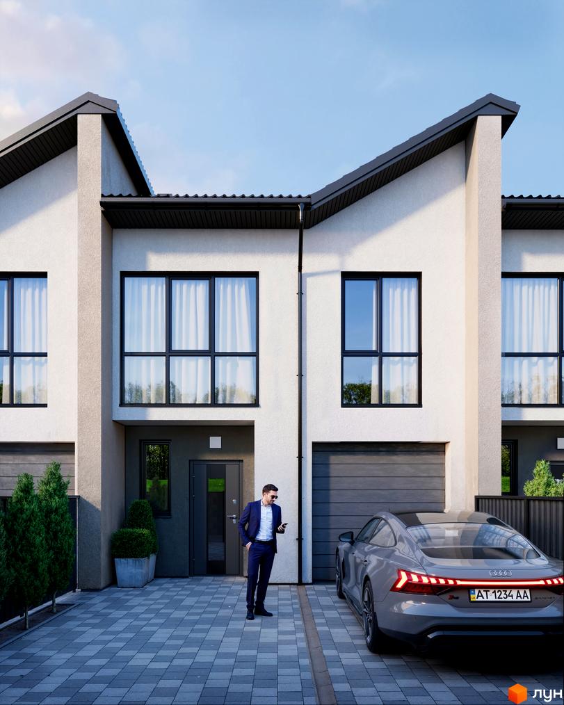 Зовнішній вигляд таунхаусів COMFORT TOWN з сірим фасадом, великими вікнами та прибудинковою територією з бруківкою та автомобілем.