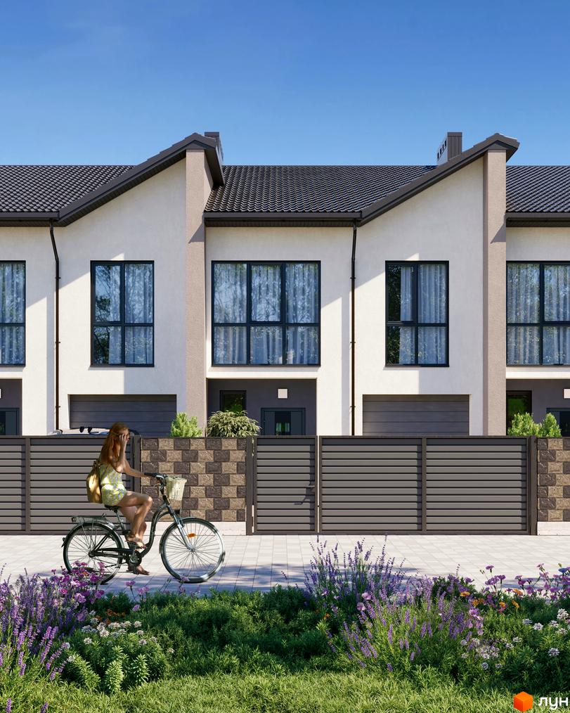 Таунхауси COMFORT TOWN з сірими фасадами, вікнами та воротами, на тлі блакитного неба. Перед будинками розташована огорожа та зелені насадження з квітами.