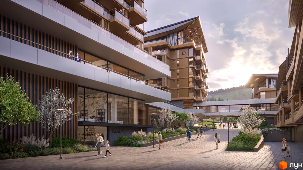 Апарт-готель VELMY з балконами та скляними фасадами, що виходить на доглянуту прибудинкову територію з деревами та пішохідними доріжками.