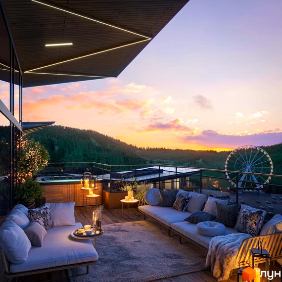 Апарт-готель VELMY: тераса з диванами та джакузі на тлі гірського пейзажу із заходом сонця та колесом огляду. Вид на новобудову з балкона.