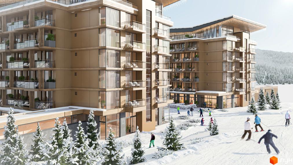 Апарт-готель VELMY з дерев'яними фасадами та великими вікнами на тлі засніжених гір та ялинок. На території комплексу катаються на лижах.