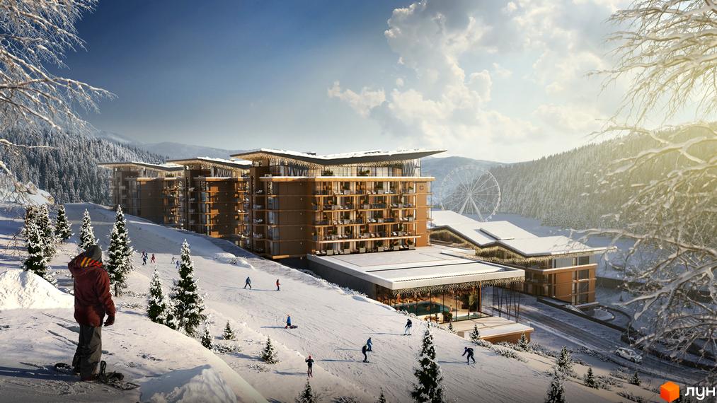 Апарт-готель VELMY: багатоповерховий комплекс з дерев'яними фасадами та балконами на схилі гори, оточений засніженими ялинами. На території комплексу видно басейн та гірськолижний спуск з людьми.