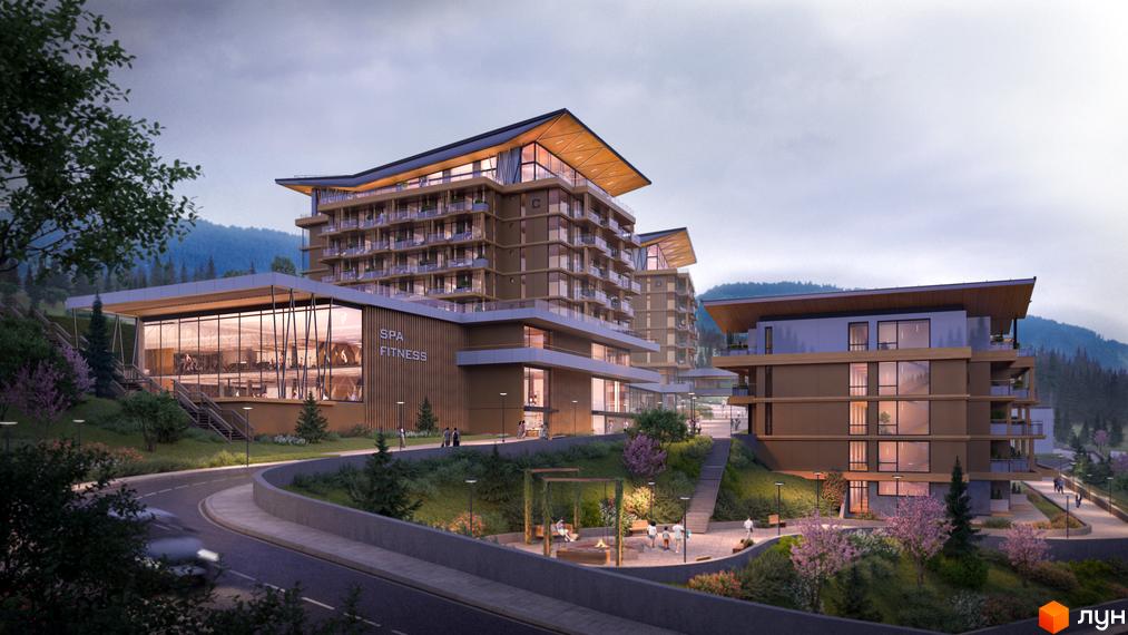 Апарт-готель VELMY з елегантною фасадною обробкою та великими вікнами, що виходить на зелену прибудинкову територію з доріжками та зонами відпочинку.